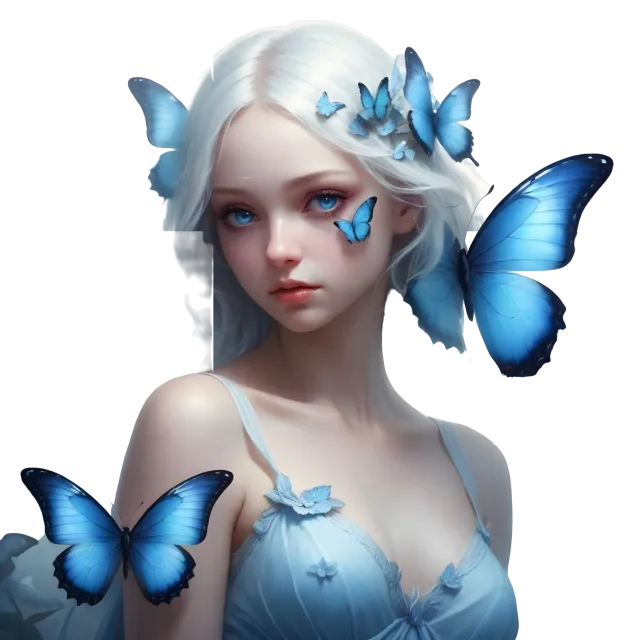 Fantasy portrait of a pale-haired woman with blue butterflies around her shoulders on a transparent background
