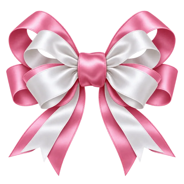 Layered pink and white bow with a pink center and long narrow ribbon tails