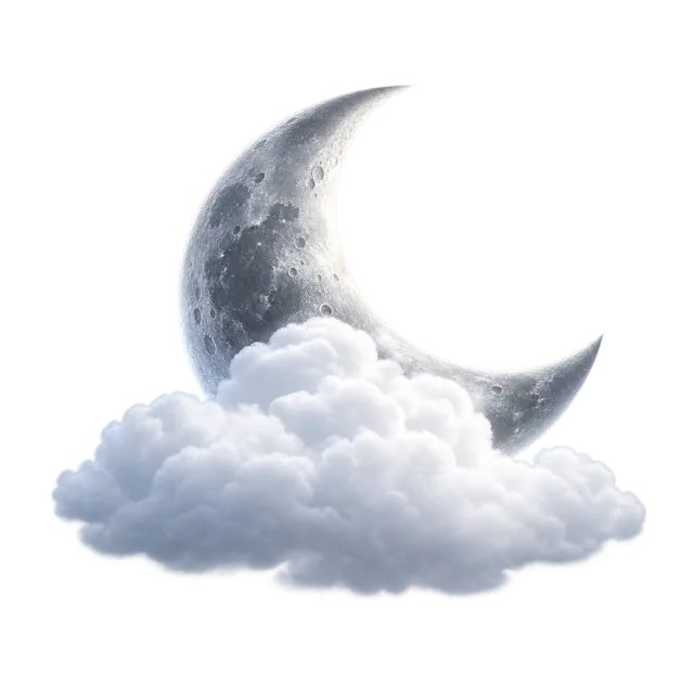 Silver crescent moon partly covered by fluffy white and blue-gray clouds