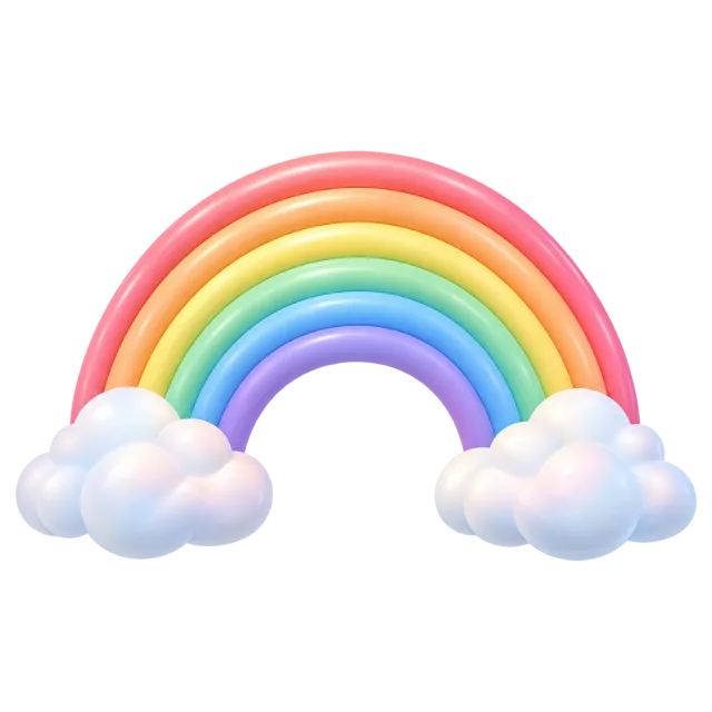 Rounded pastel rainbow bands resting on pearly clouds at both ends