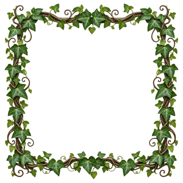 Square border of curling woody vines and pointed green ivy leaves