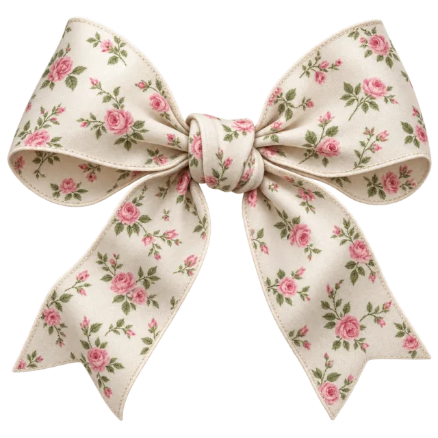 Cream fabric-style bow patterned with tiny pink flowers and green leaves