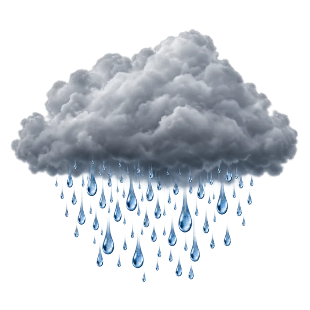 Broad gray cloud with large glossy blue raindrops falling beneath it