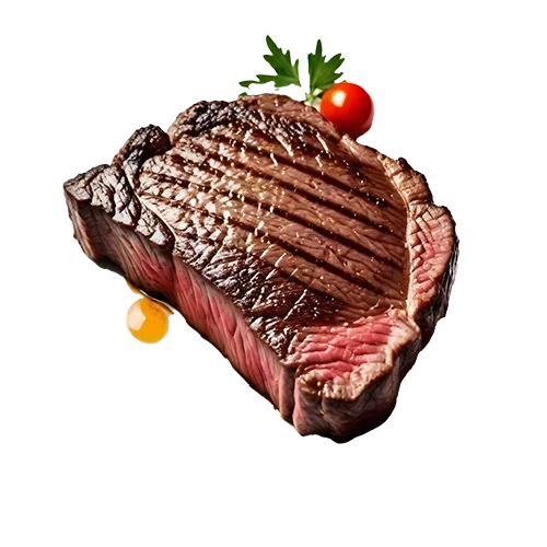 Grilled steak with dark grill marks, a tomato and green herb garnish on a transparent background