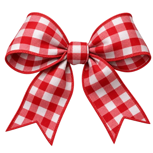 Red and white checked bow with wide loops and two notched tails
