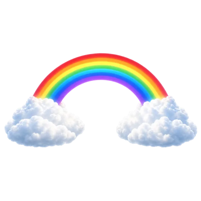 Smooth bright rainbow arch spanning two fluffy white clouds