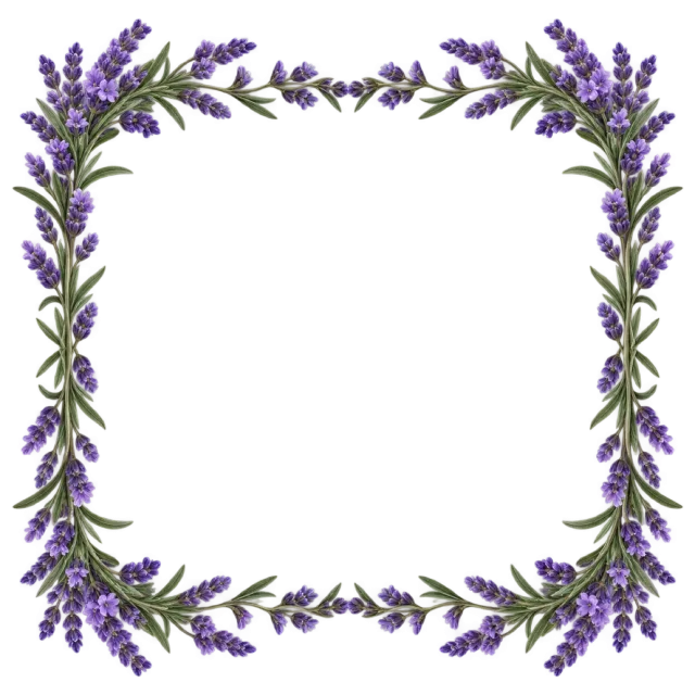 Square border of purple lavender sprigs and narrow green leaves