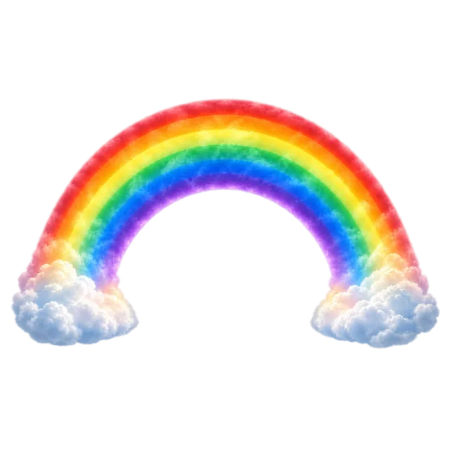 Bright rainbow arch with softly textured color bands and small clouds at its ends