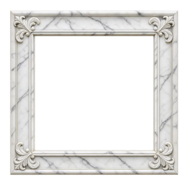 Square white marble-style frame with gray veining and curled corner ornaments