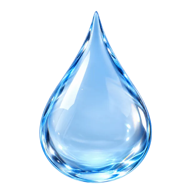 Single transparent-looking blue water droplet with bright curved reflections