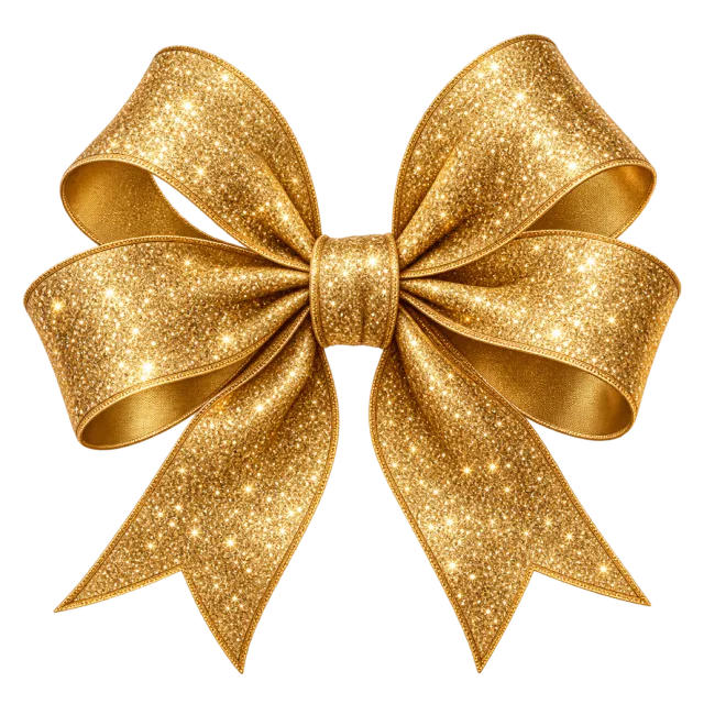 Golden bow covered in fine sparkling glitter with broad folded loops