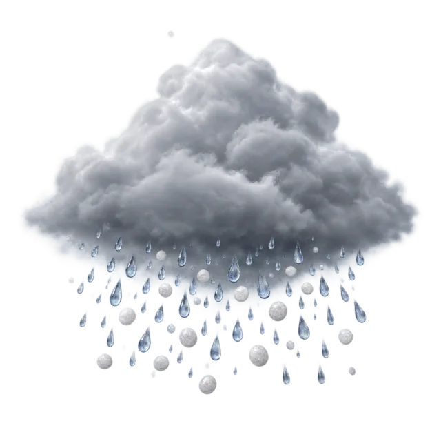Gray cloud releasing blue droplets and round pale ice pellets