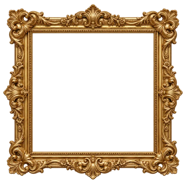 Square gold frame with elaborate raised scrollwork around its outer edge