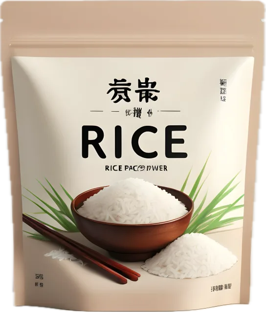 Resealable beige rice pouch with a bowl of white rice pictured on the front on a transparent background