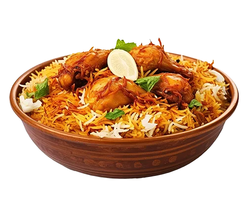 Brown bowl of chicken biryani topped with a lemon slice and herbs on a transparent background