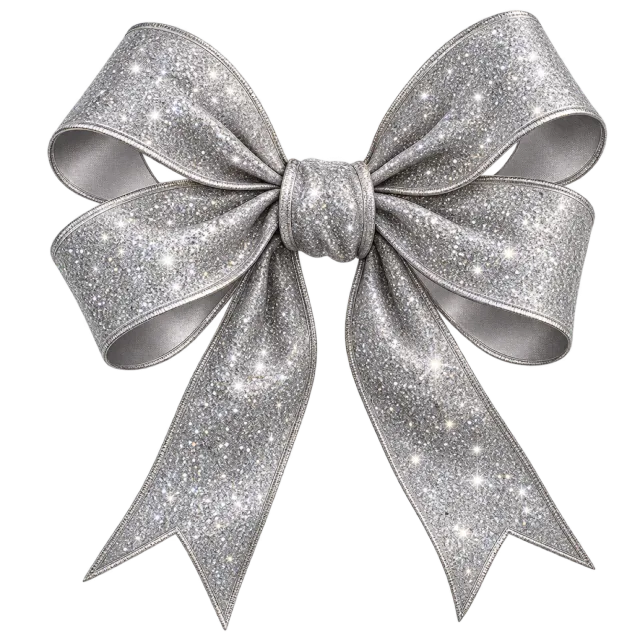 Silver bow with a glittered surface and long pointed tails