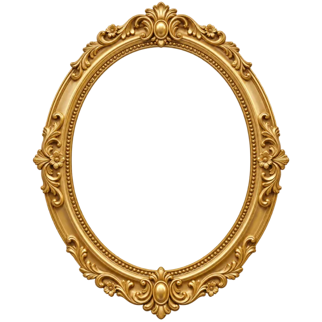 Oval gold frame with ornate floral scrollwork at the top, bottom and sides