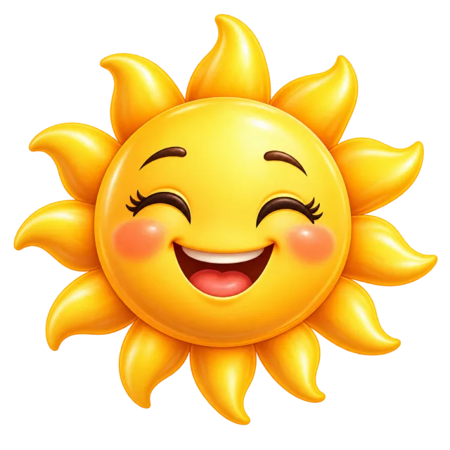 Golden cartoon sun with closed smiling eyes, rosy cheeks and curved rays