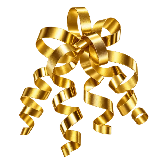 Shiny gold ribbon loops gathered above several loose spiral tails