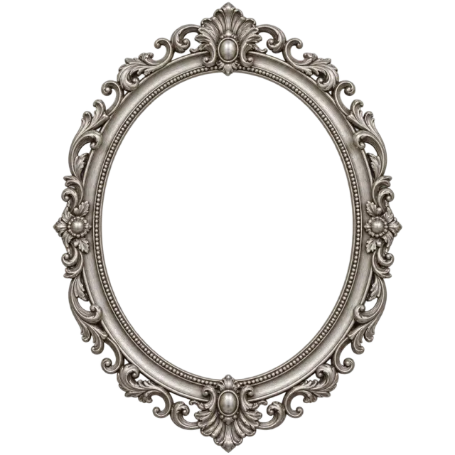 Oval silver-colored frame with raised floral scrolls and beaded inner trim