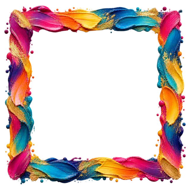 Square border made from thick overlapping pink, yellow, blue and orange paint strokes