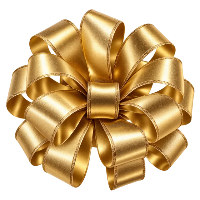 Round layered gift bow made from many reflective gold ribbon loops