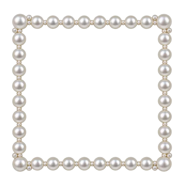 Square frame formed from glossy white pearl-like beads with tiny gold accents