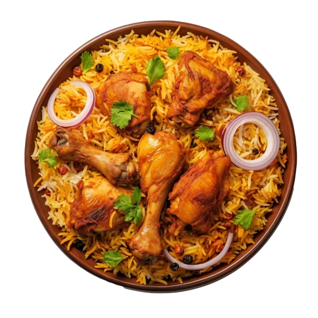 Round platter of chicken biryani with onion rings, lemon and green garnish on a transparent background