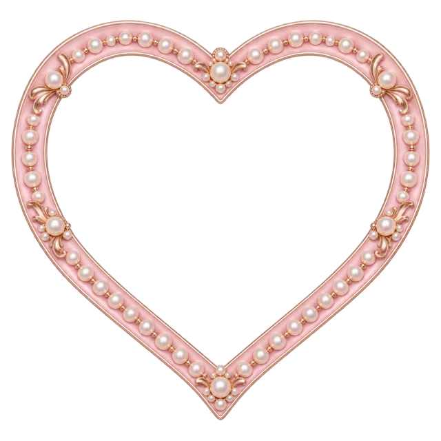Pink heart-shaped frame decorated with pearl-like beads and small floral ornaments