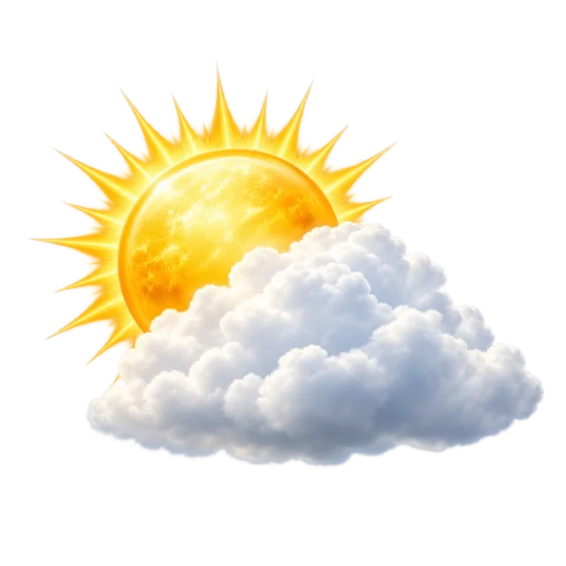 Golden sun with pointed rays partly hidden by a large white cloud