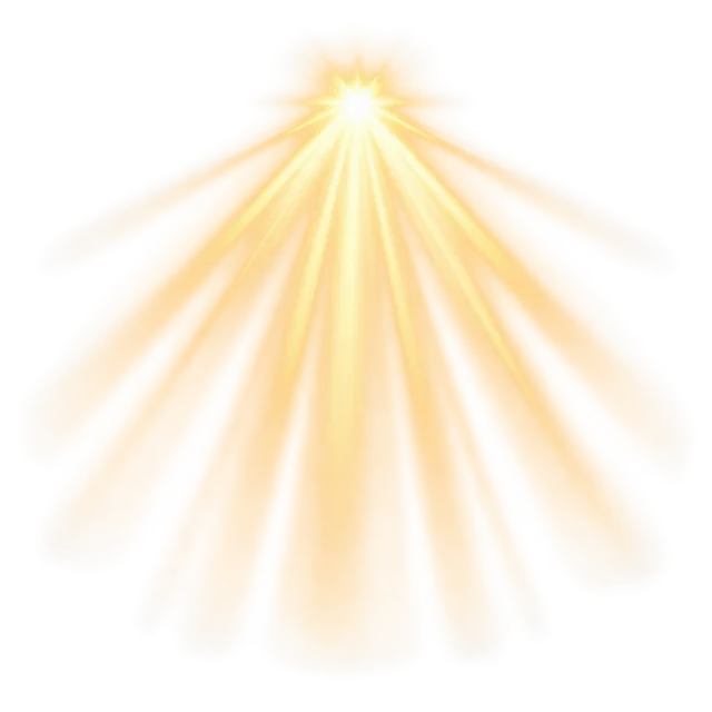 Small bright sun casting a wide fan of soft golden rays downward