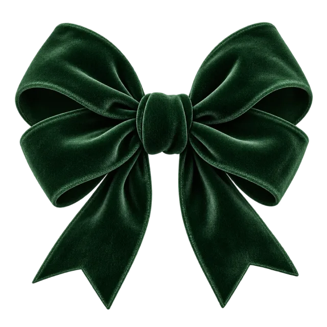 Deep green bow with soft velvet-like folds and pointed ribbon tails