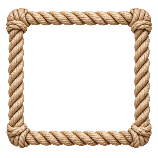 Square frame made from thick twisted beige rope with knotted corners