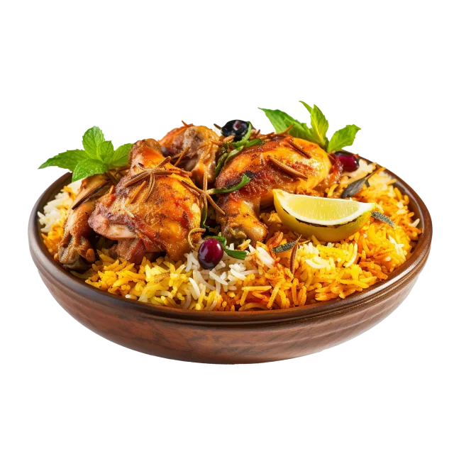 Bowl of chicken biryani topped with browned onions, herbs and lemon slices on a transparent background