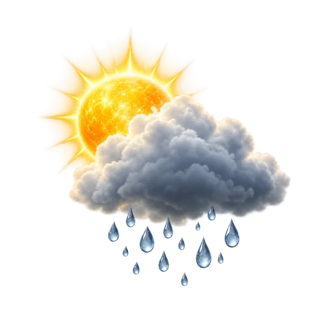 Bright golden sun peeking above a gray cloud with blue falling raindrops