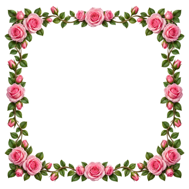 Square border of pink roses, small buds and green leaves