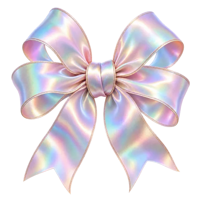 Glossy bow with shifting pastel pink, blue and yellow reflections