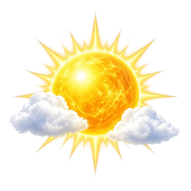 Large golden sun with pointed rays flanked by two small white clouds
