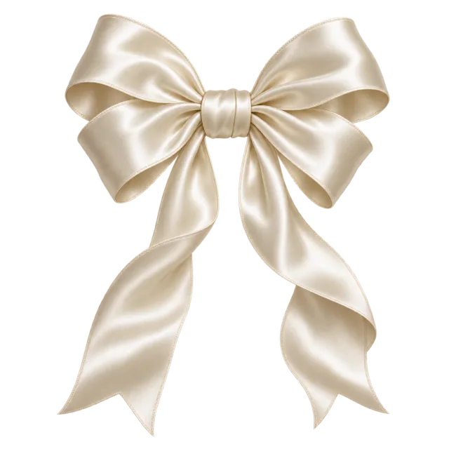 Ivory satin-style bow with a narrow center and long softly folded tails