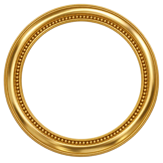 Circular gold picture frame with layered molding and a beaded inner ring