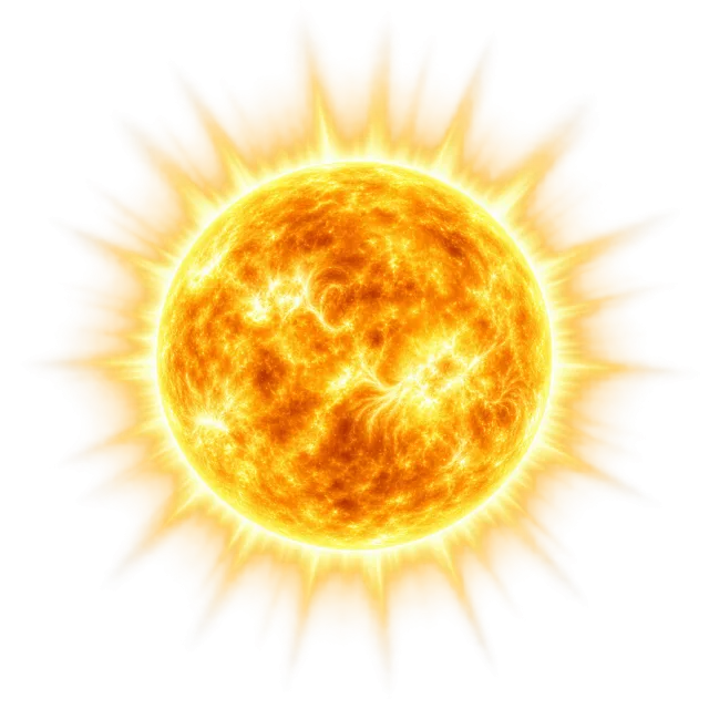 Round golden sun with a fiery textured center and glowing pointed rays