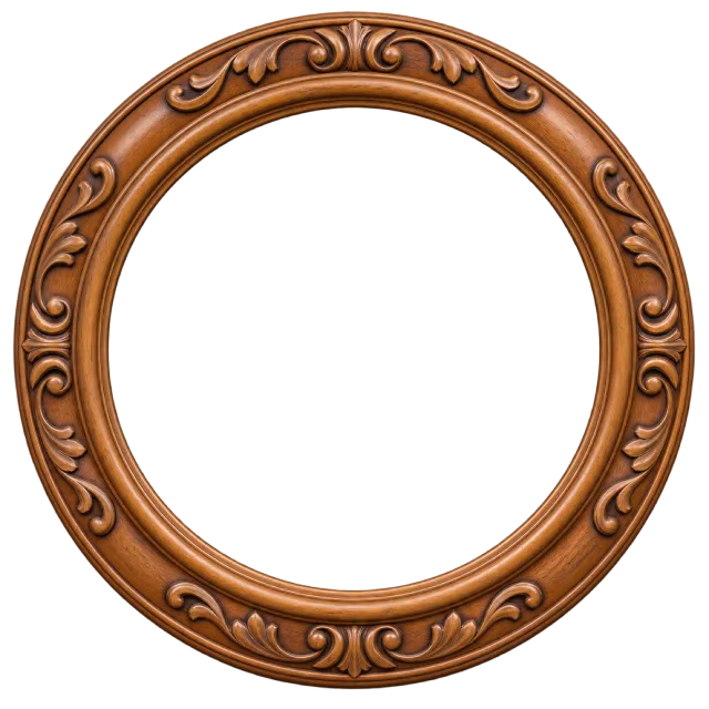 Circular brown wooden frame decorated with carved scrolling details