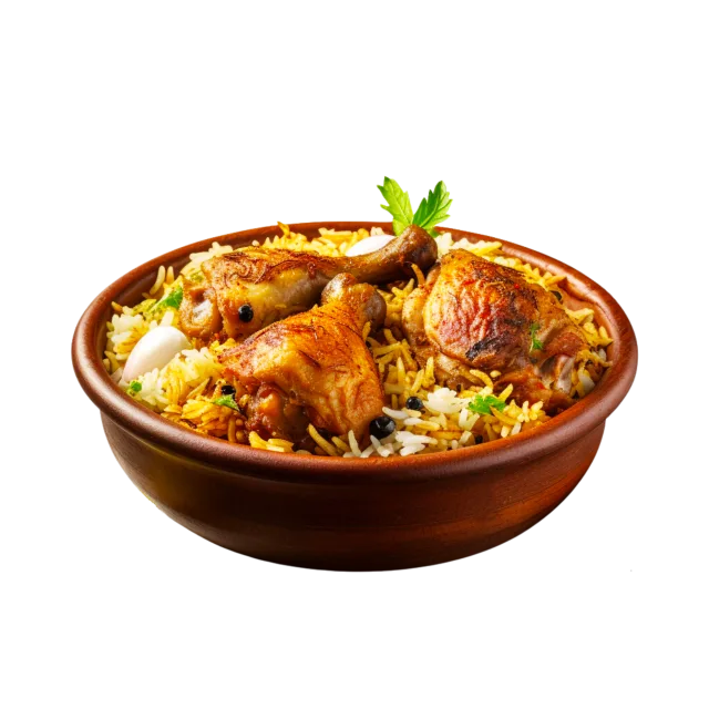 Brown bowl of chicken biryani with colorful rice, tomato slices and herbs on a transparent background