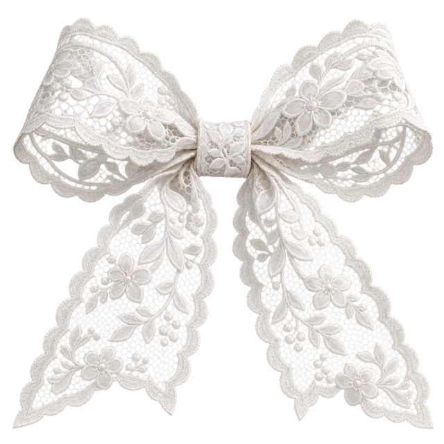 White lace bow with delicate floral patterns and scalloped edges