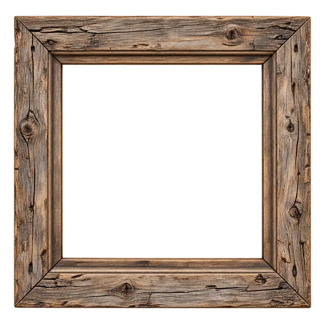 Square frame of broad weathered wooden planks with visible grain and knots
