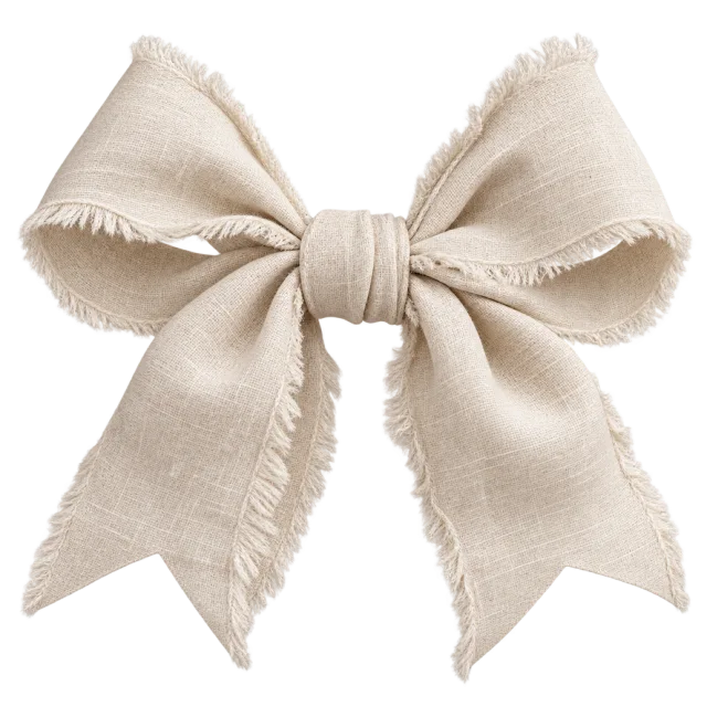Cream linen-style bow with a visible weave and softly frayed edges