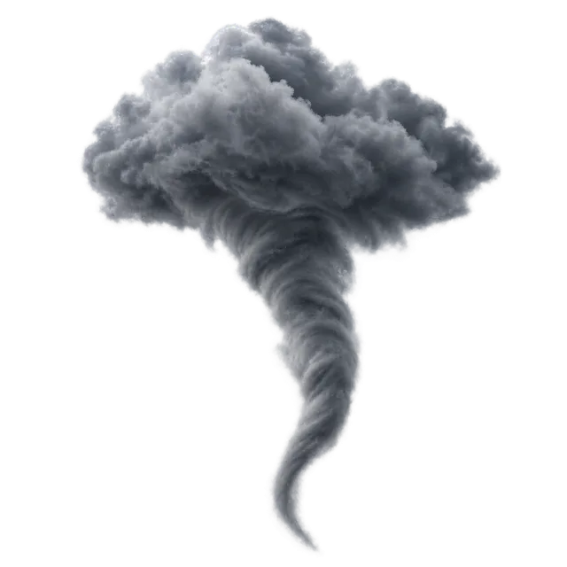 Dark storm cloud with a long twisting funnel tapering to a narrow point