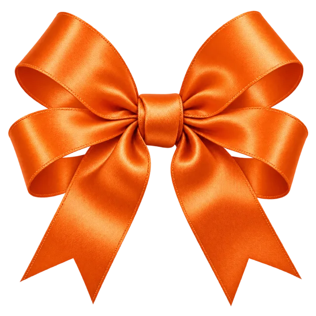 Bright orange satin-style bow with glossy folded loops and notched tails