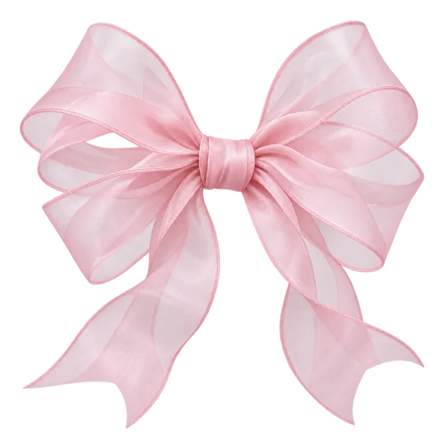 Translucent pink bow with airy layered loops and flowing ribbon tails