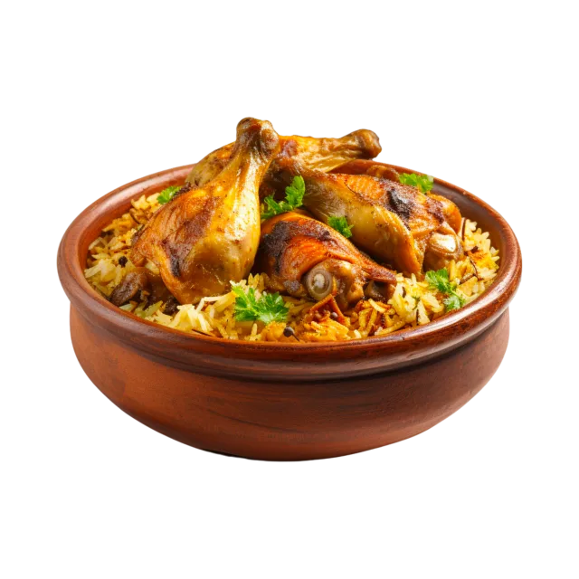 Rustic brown bowl filled with chicken pieces, seasoned rice and green garnish on a transparent background